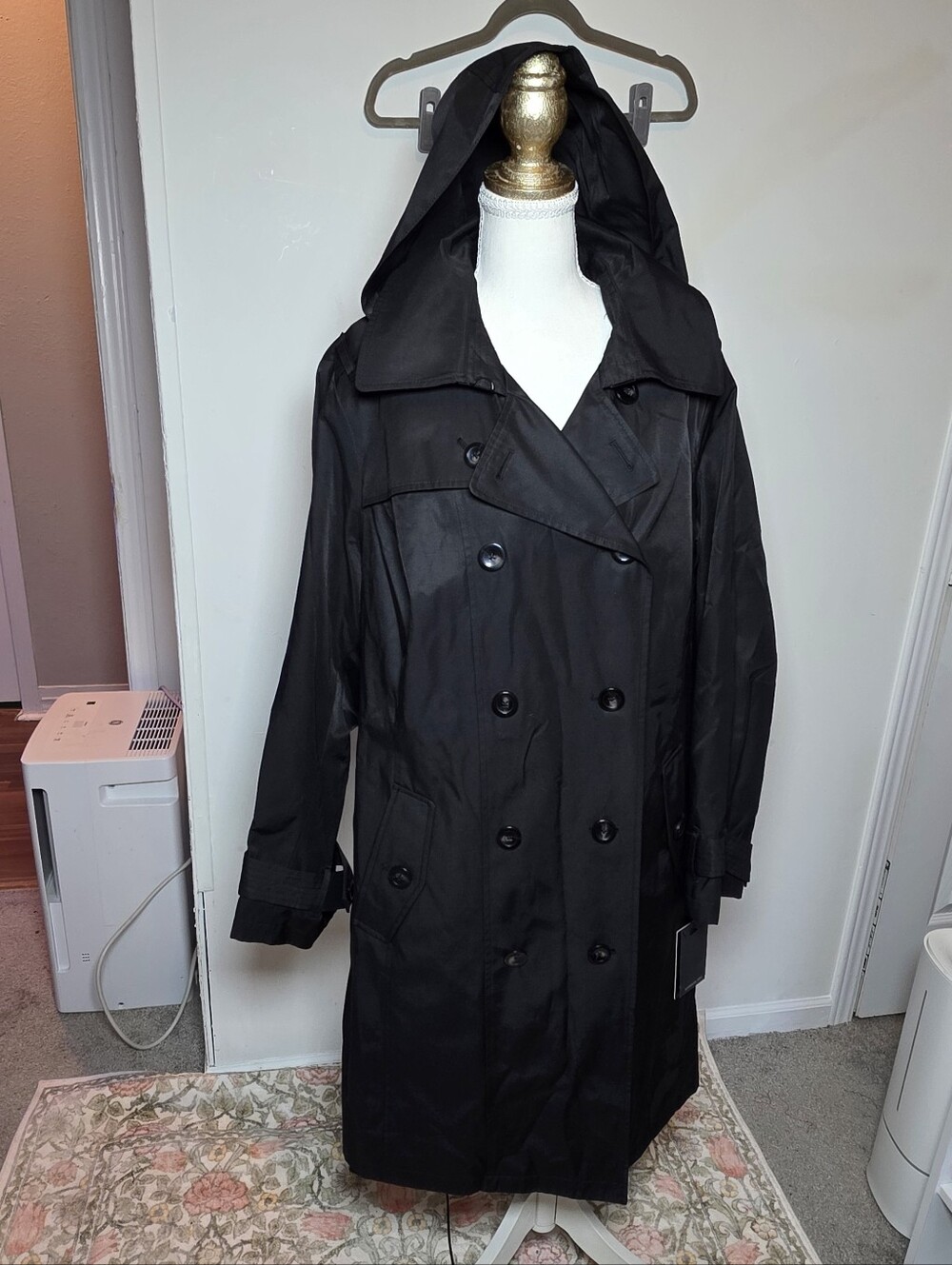 NWT London Fog Womens Black Double Breasted Hooded Trench Coat Jacket 1X